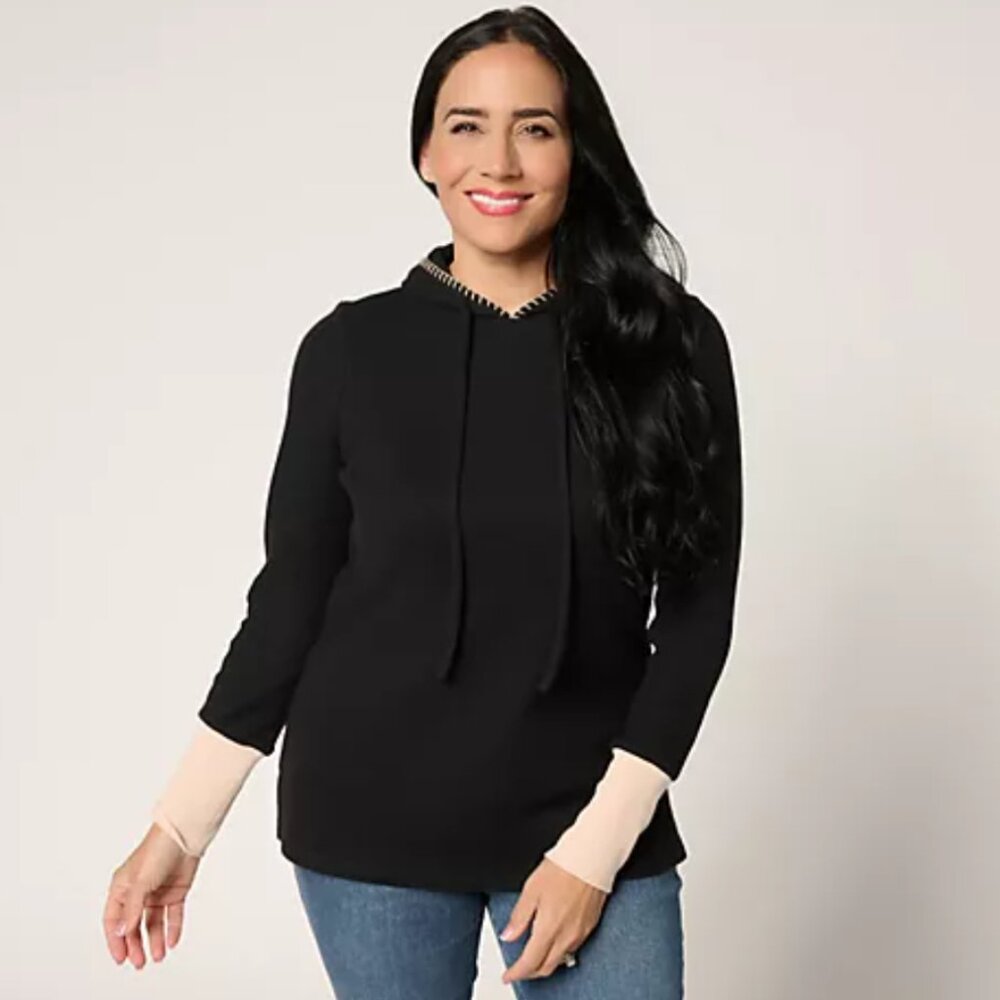 Belle by Kim Gravel Micro Waffle Pop Color Cuffed Hoodie Black M A695505